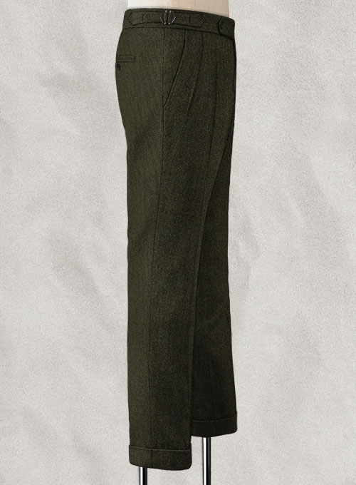 Vintage Flat Green Herringbone Highland Tweed Trousers - Click Image to Close