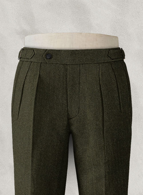 Vintage Flat Green Herringbone Highland Tweed Trousers - Click Image to Close