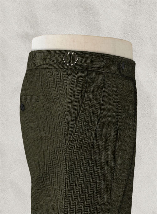 Vintage Flat Green Herringbone Highland Tweed Trousers - Click Image to Close