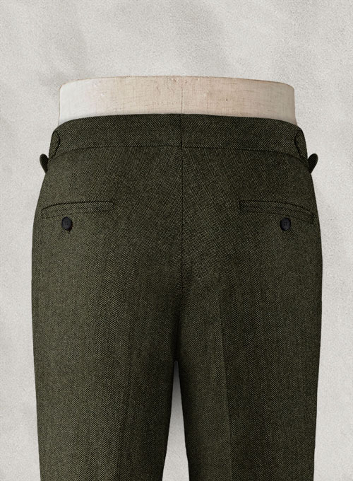 Vintage Flat Green Herringbone Highland Tweed Trousers - Click Image to Close