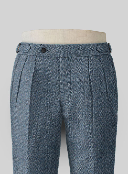 Vintage Herringbone Blue Highland Tweed Trousers - Click Image to Close