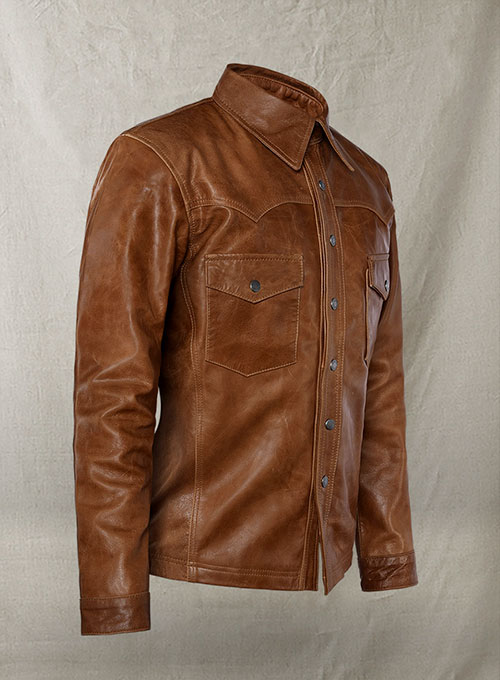 Cognac V Tab Leather Shirt Jacket - Click Image to Close