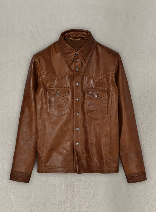 Cognac V Tab Leather Shirt Jacket