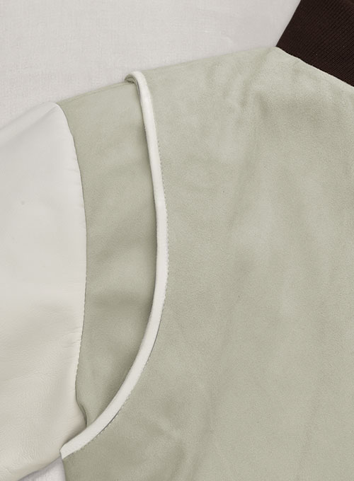 Cream Beige Suede Varsity Noir Leather Jacket - Click Image to Close