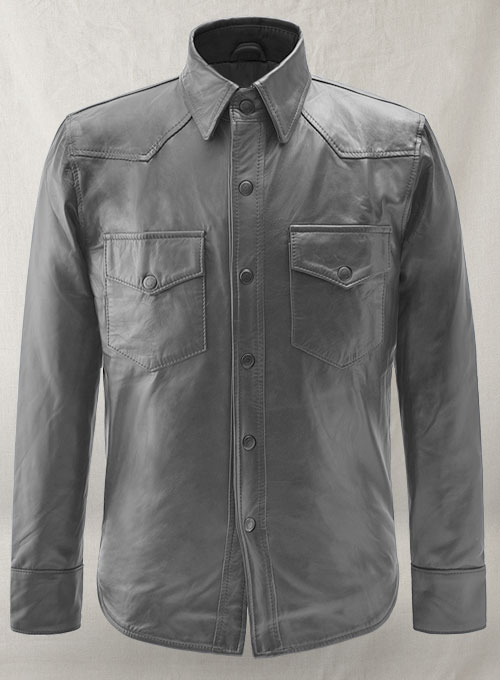 Gray Leather Shirt Jacket - #1S