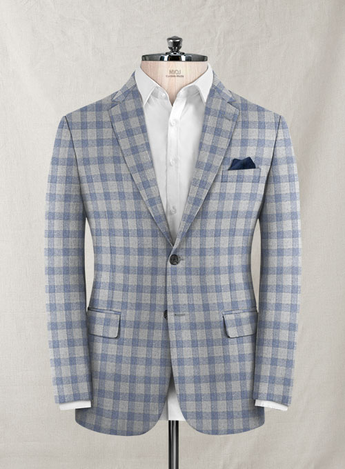 Italian Wool Cashmere Gray Blue Checks Jacket
