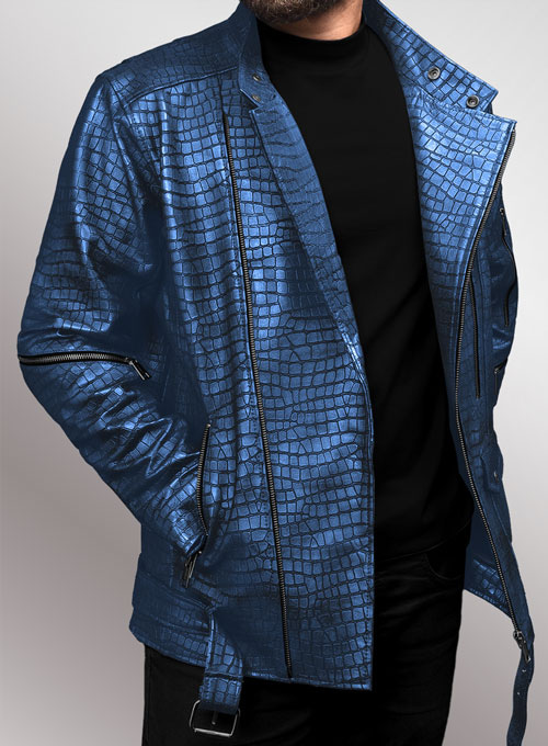 Phantom Croc Metallic Blue Leather Jacket - Click Image to Close