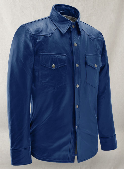 Rich Blue Leather Shirt Jacket - #1S - Click Image to Close