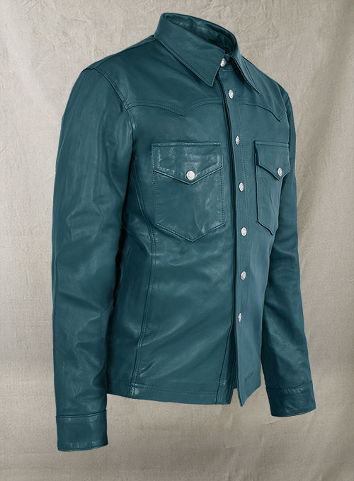 Soft Prussian Blue V Tab Leather Shirt Jacket - Click Image to Close