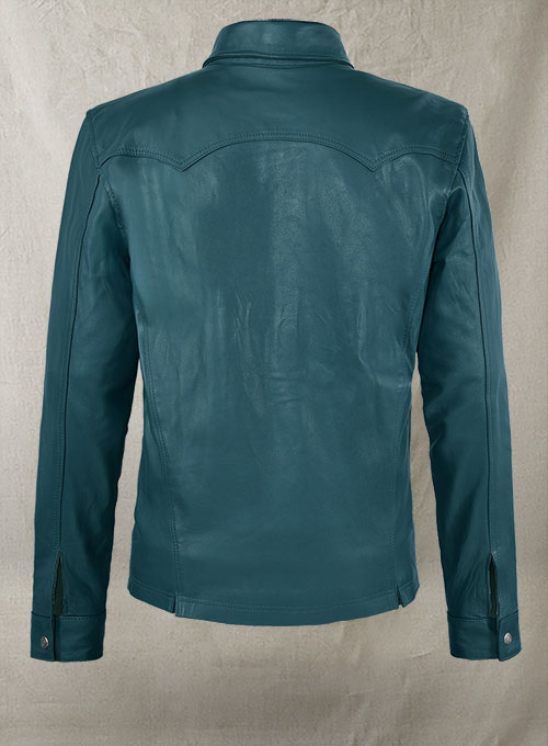 Soft Prussian Blue V Tab Leather Shirt Jacket - Click Image to Close