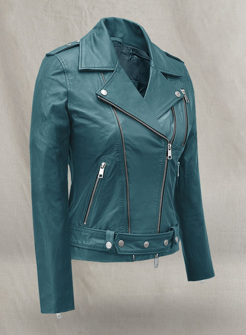 Prussian Blue Washed & Wax Jessica Alba Leather Jacket #2 - Click Image to Close