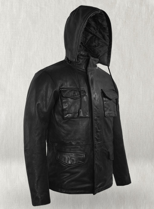 Black Military M-65 Hood Leather Jacket - Click Image to Close