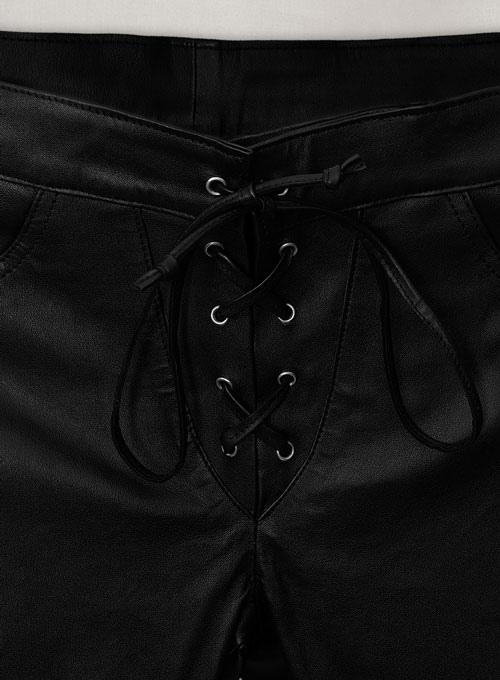 Black Stretch Cowboy Lace Up Leather Pants - Click Image to Close