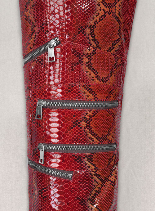 Bold Red Python Electric Zipper Mono Leather Pants - Click Image to Close