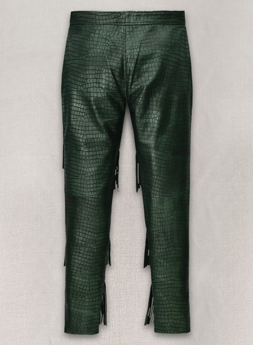 Croc Metallic Green Tiered Fringes Leather Pants