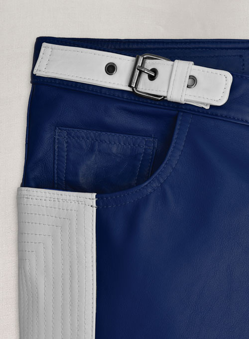 Rich Blue Electric Zipper Combination Leather Pants - Click Image to Close