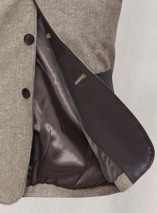 Vintage Herringbone Brown Tweed Leather Combo Blazer # 652 - Click Image to Close