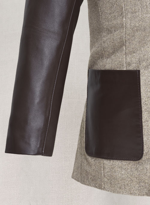 Vintage Herringbone Brown Tweed Leather Combo Blazer # 652 - Click Image to Close