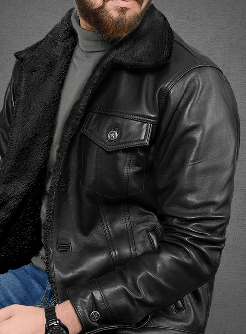 Black Sherpa Leather Jacket - Click Image to Close