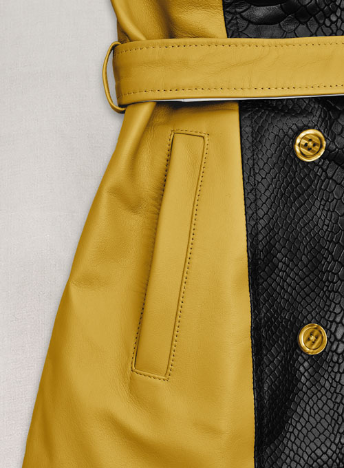 Yellow Color Contrast Leather Trench Coat - Click Image to Close