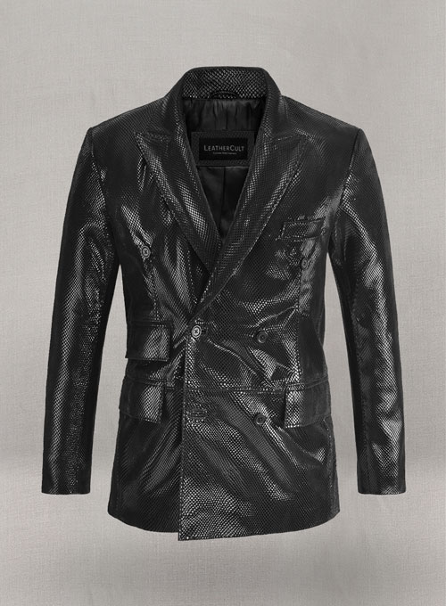 Snake Embossed Black Double Breasted Leather Suit - Click Image to Close