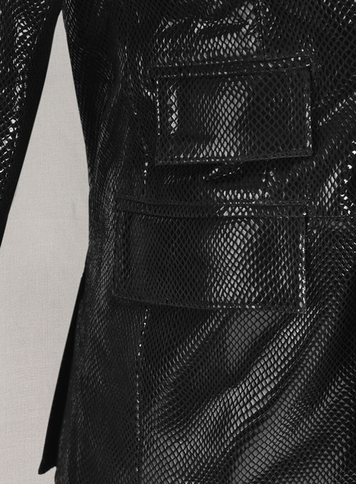 Snake Embossed Black Double Breasted Leather Suit