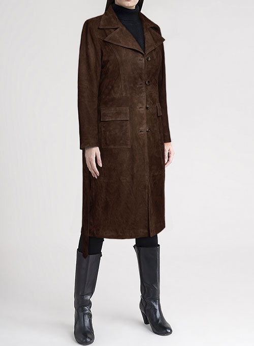 Dark Brown Suede Alpine Leather Long Coat - Click Image to Close