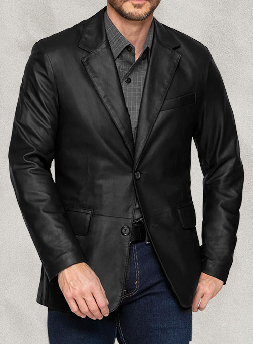 Formal Rubbed Off Blazer Button Style Black Leather Jacket for Men