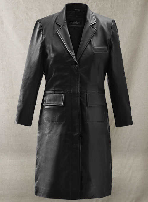 Womens Black Leather Belted Trench Coat | Ladies Long Coat