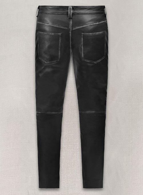 Rubbed Black Leather Jeans Style
