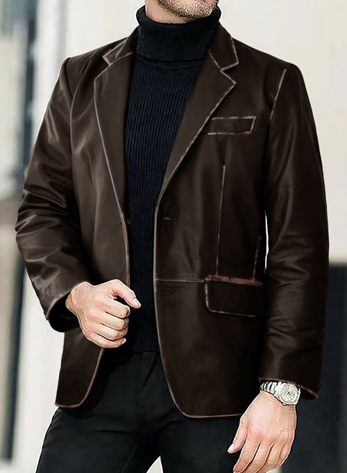 Rubbed Dark Brown Leather Blazer - Click Image to Close
