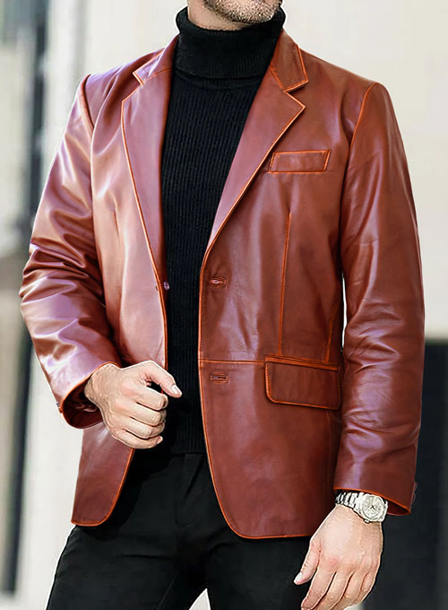 Rubbed Tan Brown Leather Blazer - Click Image to Close