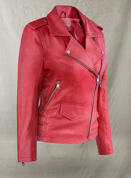 Soft Raspberry Red Gigi Hadid Leather Jacket #2