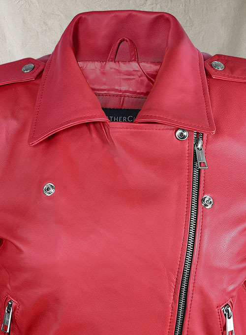 Soft Raspberry Red Gigi Hadid Leather Jacket #2