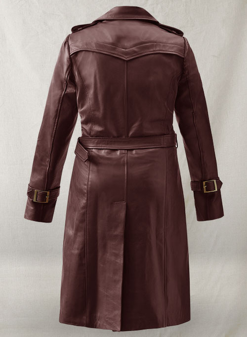 Soft Maroon Wax Halcon Leather Trench Coat - Click Image to Close