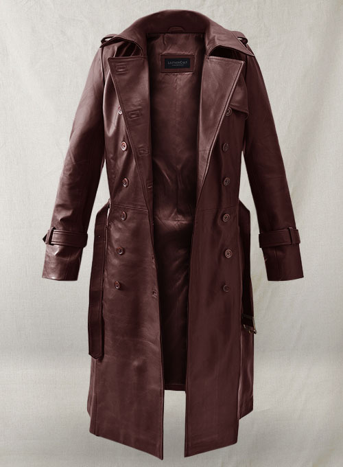 Soft Maroon Wax Halcon Leather Trench Coat - Click Image to Close