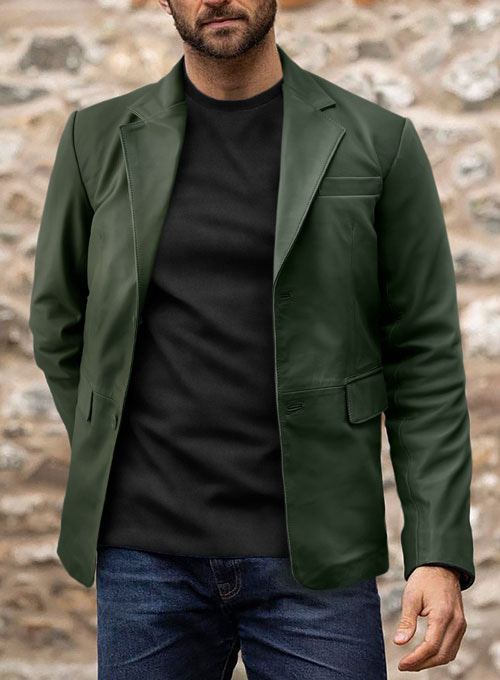 Soft Deep Olive Leather Blazer - Click Image to Close