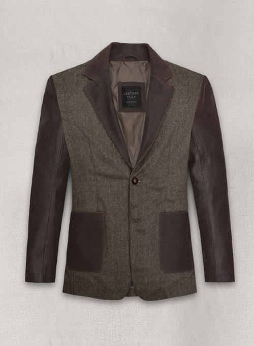 Vintage Dark Brown Herringbone Tweed Leather Combo Blazer # 652