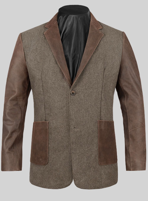 Vintage Dark Brown Herringbone Tweed Leather Combo Blazer # 652