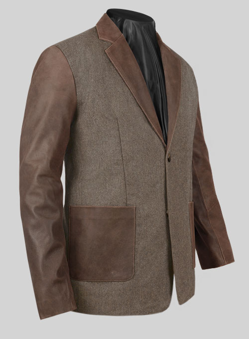 Vintage Dark Brown Herringbone Tweed Leather Combo Blazer # 652 - Click Image to Close