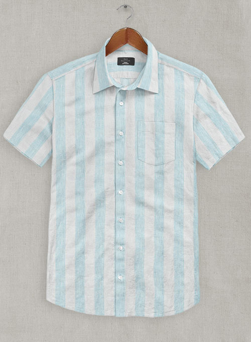 Dublin Blue Wide Stripe Linen - Half Sleeves