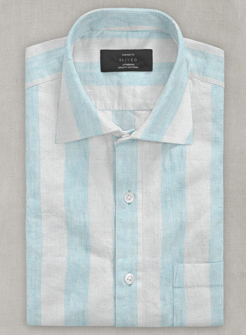 Dublin Blue Wide Stripe Linen - Half Sleeves