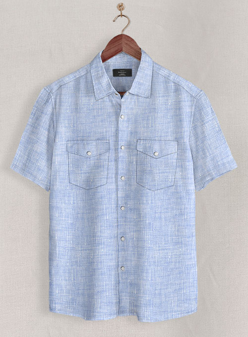 European Mist Blue Linen Western Style Shirt - Half Sleeves