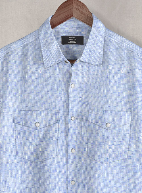 European Mist Blue Linen Western Style Shirt - Half Sleeves