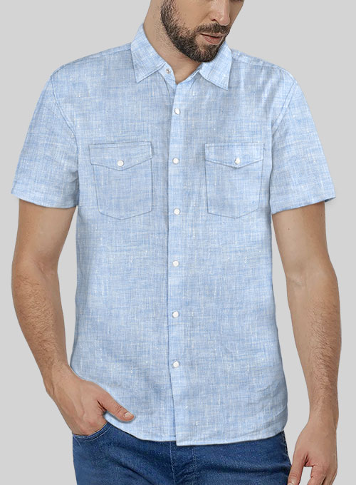 European Mist Blue Linen Western Style Shirt - Half Sleeves - Click Image to Close