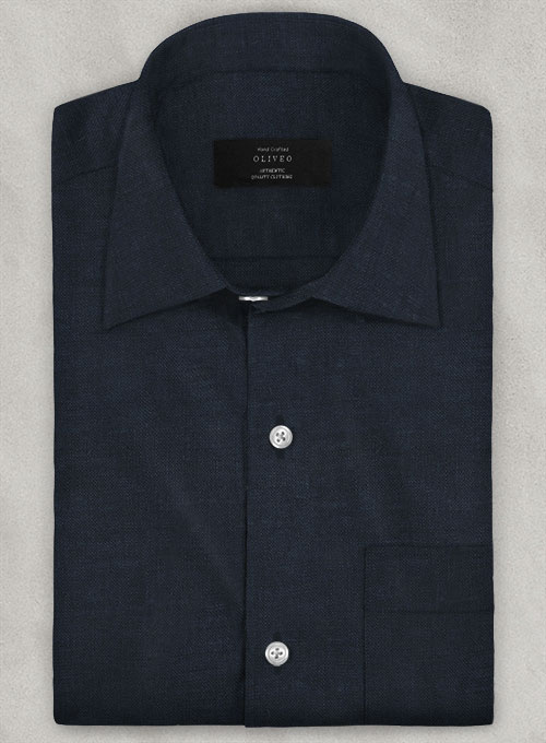 European Dark Blue Linen Shirt - Half Sleeves - Click Image to Close
