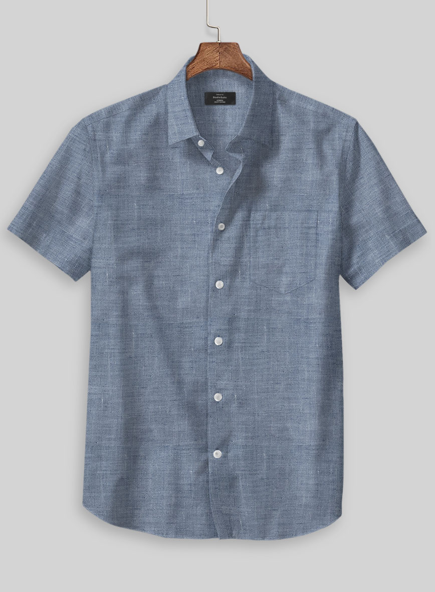 European Dusk Blue Linen Shirt - Half Sleeves