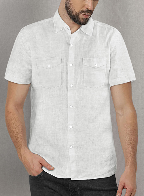 European Pale Gray Linen Western Style Shirt - Half Sleeves - Click Image to Close