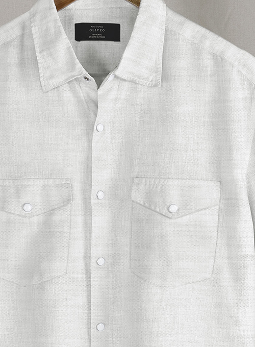 European Pale Gray Linen Western Style Shirt - Half Sleeves - Click Image to Close