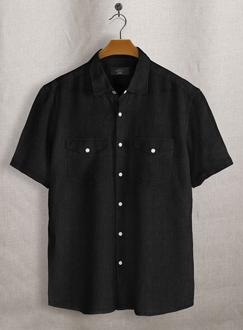 European Black Linen Western Style Shirt - Half Sleeves